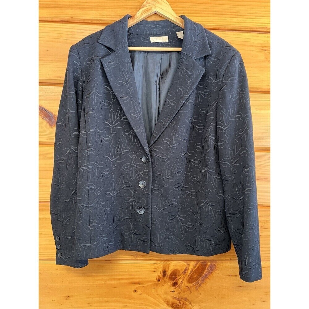 Kate Hill Blazer Women's 3X Black Rayon Stretch Embroidered Notch Long Sleeve
